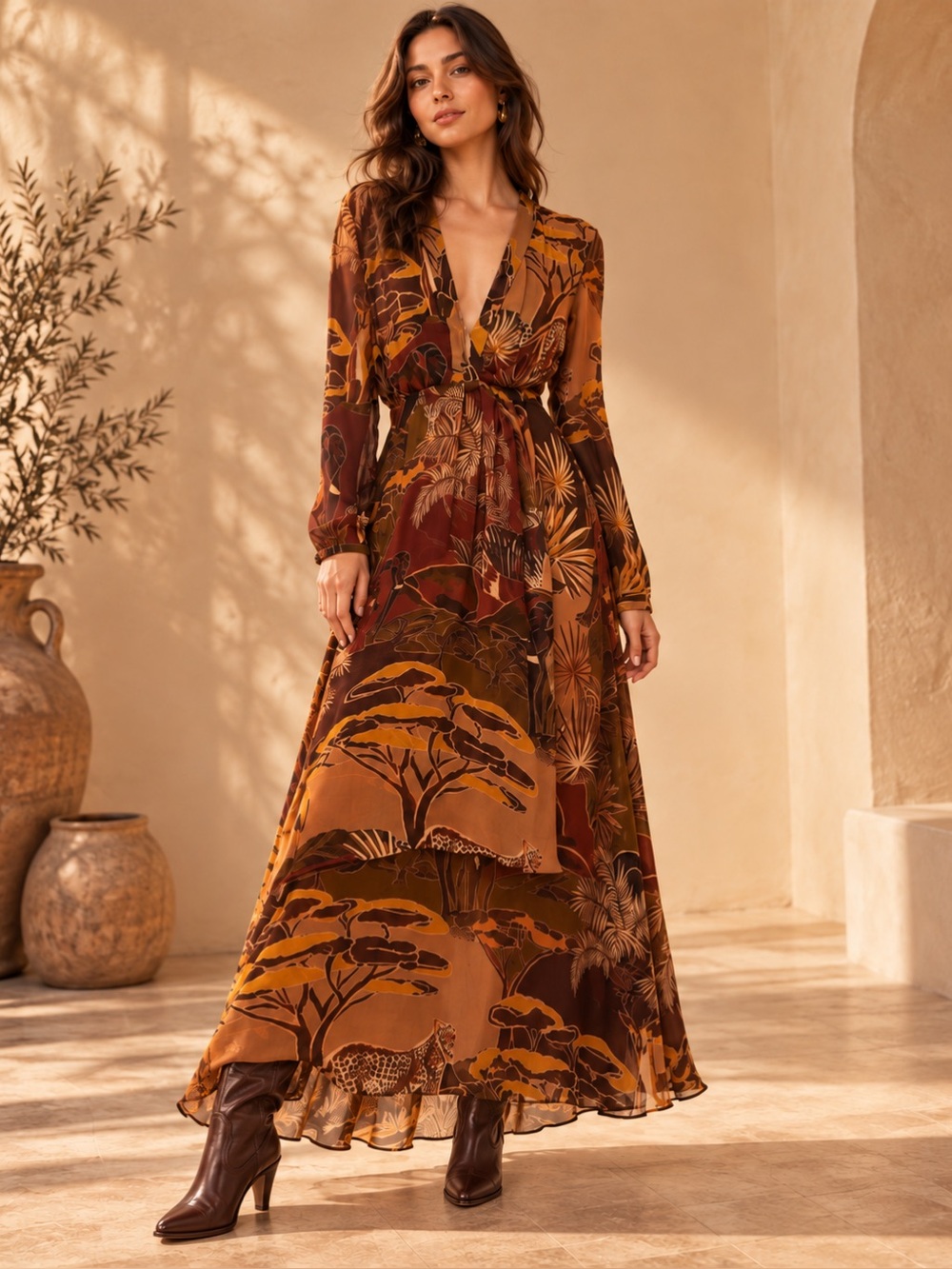 Farm Rio Caramel Savana Dream Safari Print Long Sleeve Maxi Dress L